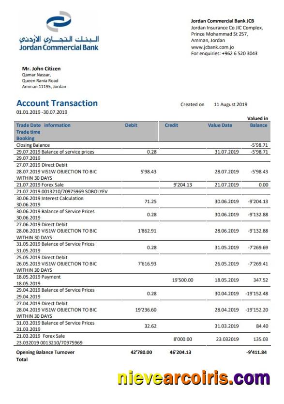 Jordan Commercial Bank statement